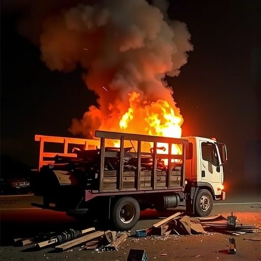 满载红木家具货车起火 损失约150万元(图1)