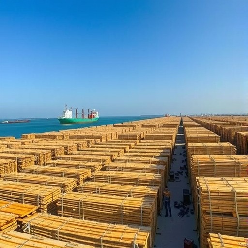 喀麦隆杜阿拉港堆放着20万立方米木材等待出口(图1)