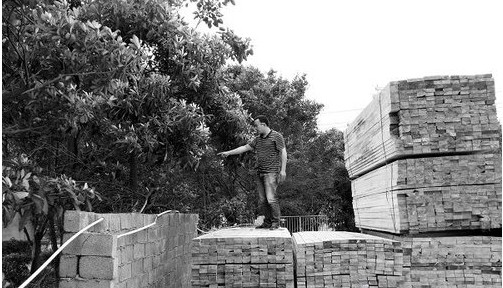 海口一木材场被盗600多根方木 损失过万元(图1) 木材场经营者在给记者介绍情况